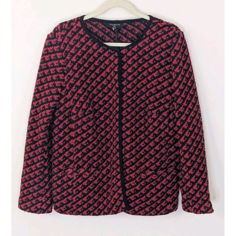 Talbots Woman Chunky Knit Round Neck Wool Blend Blazer Red Black Snap Buttons X - Picture 1 of 7